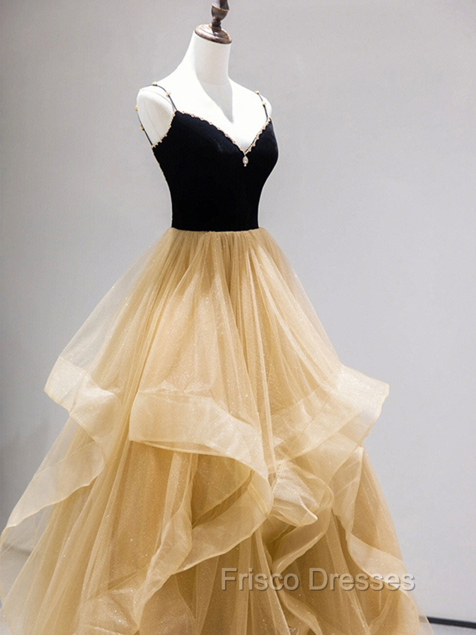 A-Line Champagne Tulle Long Formal Prom Dress, Velvet Graduation Dress with Beading Secondary image