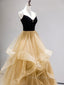 A-Line Champagne Tulle Long Formal Prom Dress, Velvet Graduation Dress with Beading