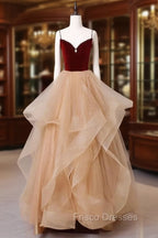 A-Line Champagne Tulle Long Formal Prom Dress, Velvet Graduation Dress with Beading