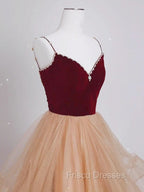 A-Line Champagne Tulle Long Formal Prom Dress, Velvet Graduation Dress with Beading
