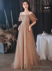 A-Line Champagne Tulle Off Shoulder Long Party Dress, Champagne Formal Dress Prom Dress
