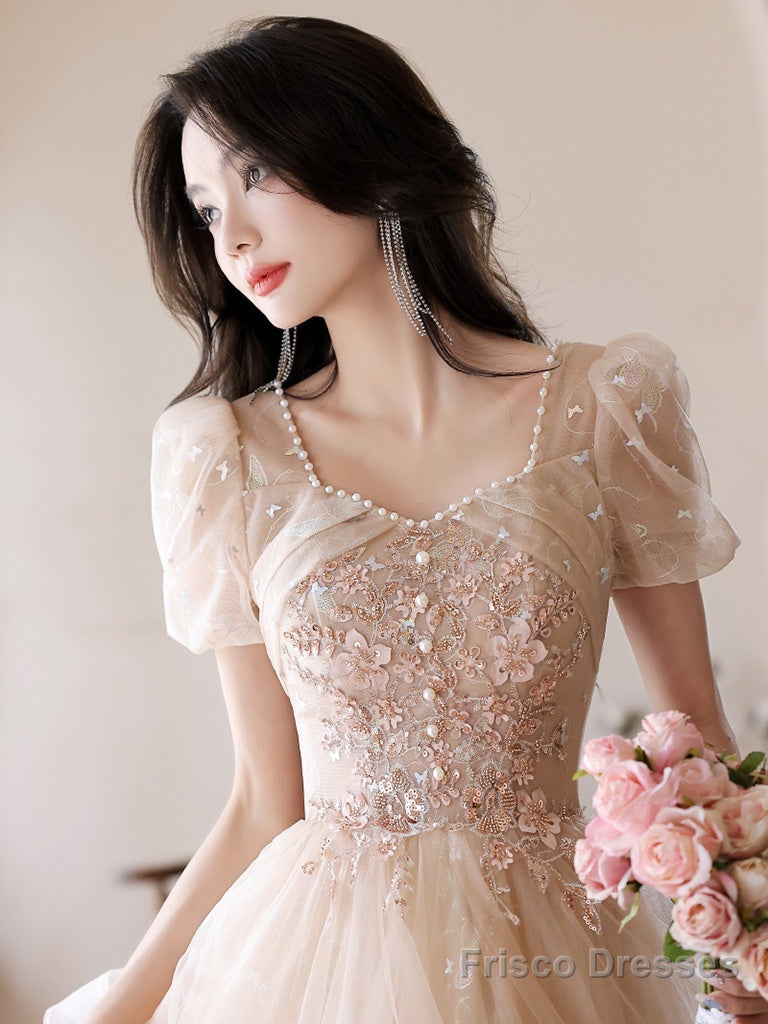 A-Line Champagne Tulle Sequin Long Prom Dress, Champagne Formal Dress Secondary image
