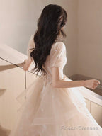A-Line Champagne Tulle Sequin Long Prom Dress, Champagne Formal Dress