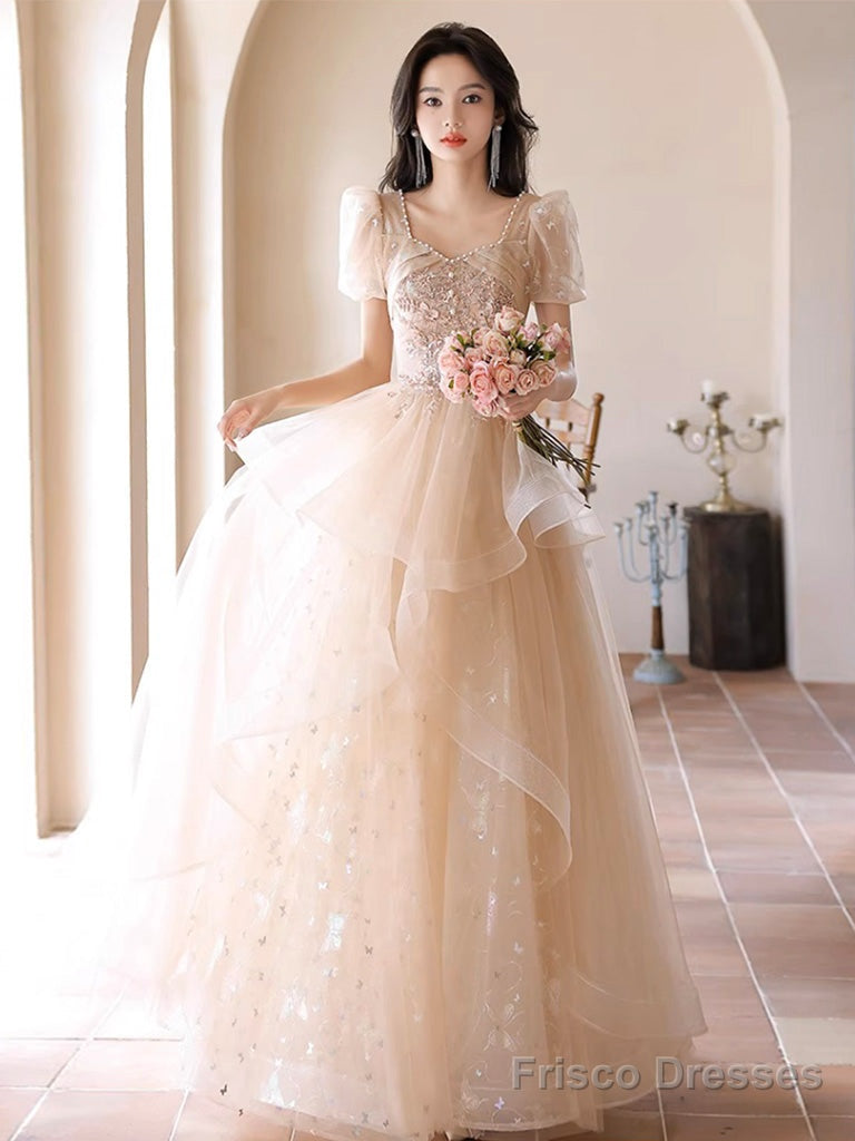 A-Line Champagne Tulle Sequin Long Prom Dress, Champagne Formal Dress Main image