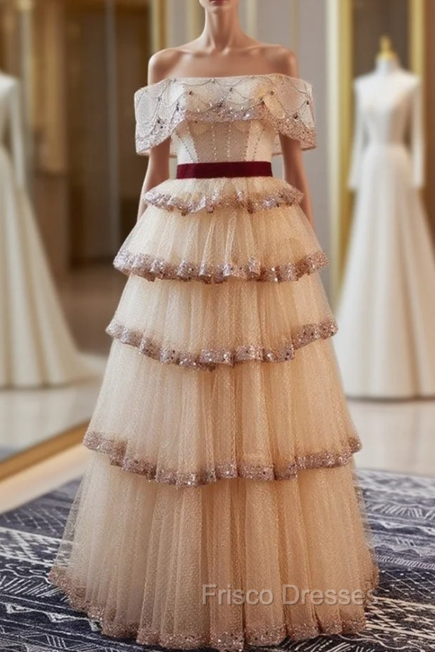 A-Line Champagne Tulle Sequins Beading Off the Shoulder Formal Prom Dress Main image