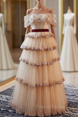 A-Line Champagne Tulle Sequins Beading Off the Shoulder Formal Prom Dress