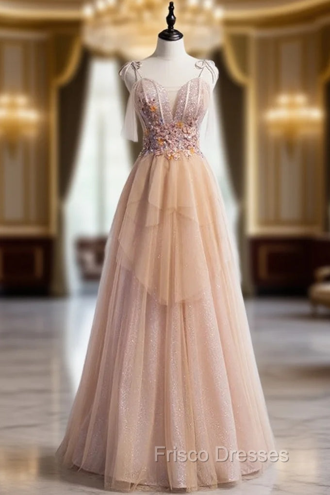 A-Line Champagne Tulle Spaghetti Straps Beading Formal Prom Dress Main image