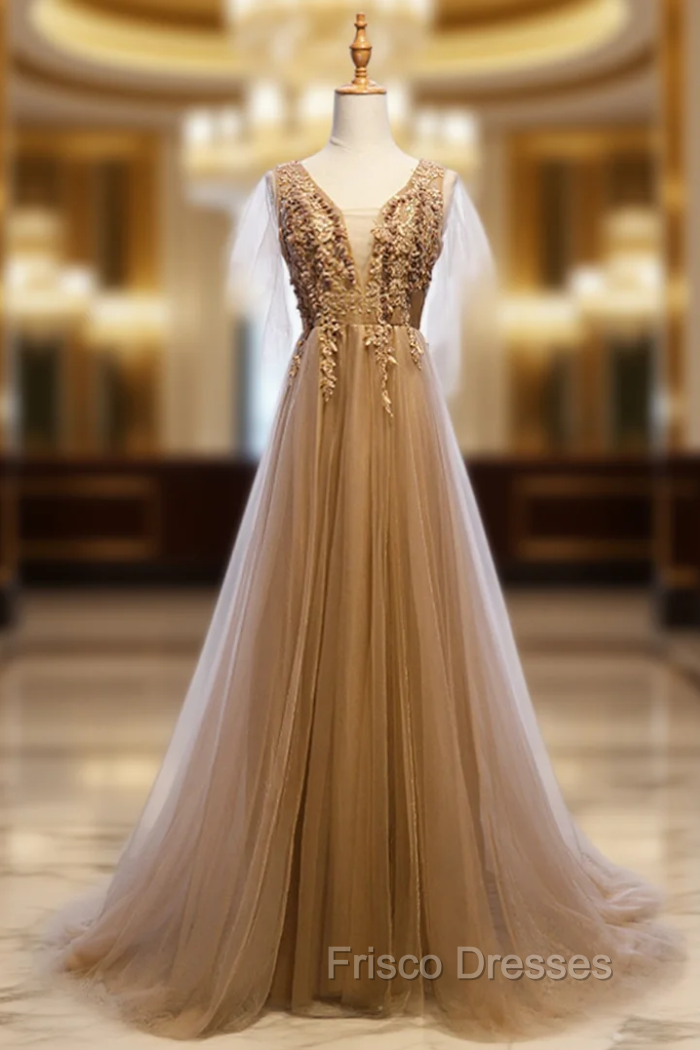 A-Line Champagne Tulle V-neck Backless Appliques Formal Prom Dress