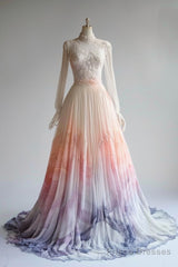 A-Line Chiffon Applique Long Sleeve Wedding Dress Round Neck Sequin Tulle Long Prom Dress