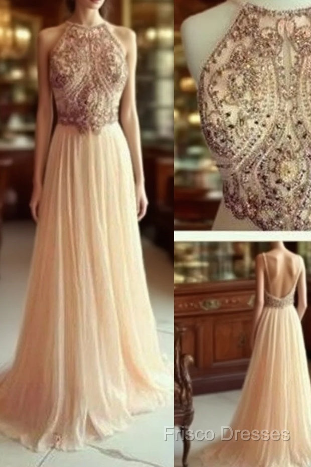 A Line Chiffon Backless Beading, Sequin Long Formal Prom Dress