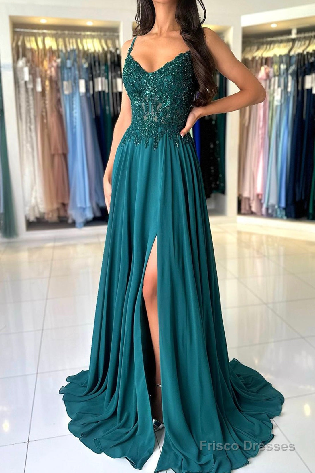 A-Line Chiffon Beaded Long Prom Dress, Dark Green Spaghetti Strap Evening Dress Main image