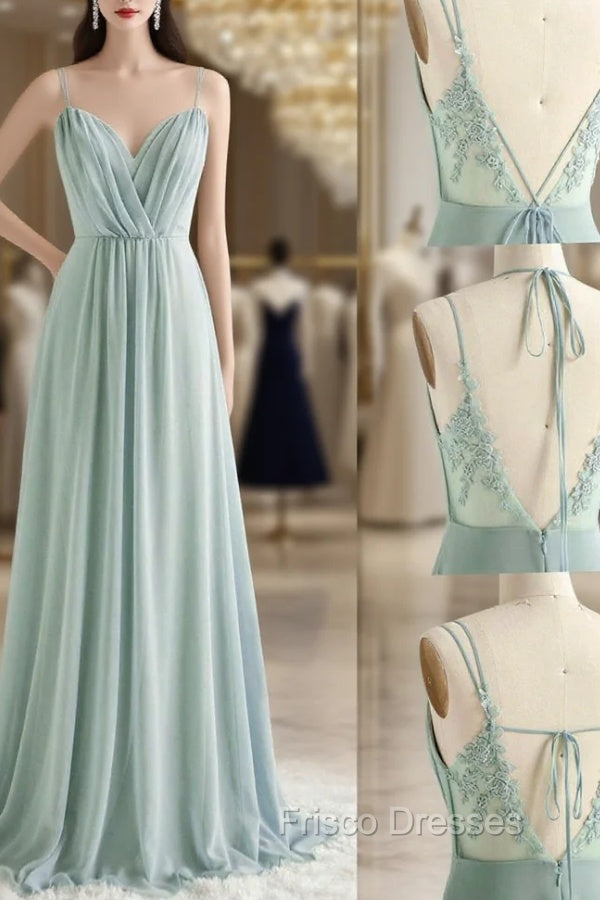 A-Line Chiffon Lace Long Formal Prom Dress, Green Spaghetti Strap Backless Evening Dress