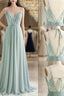 A-Line Chiffon Lace Long Formal Prom Dress, Green Spaghetti Strap Backless Evening Dress