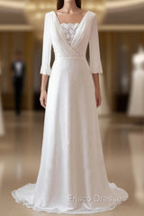 A-Line Chiffon Lace White  Satin Weddig Dress