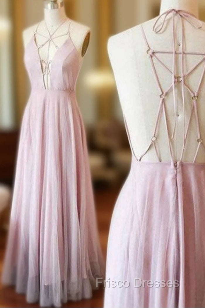 A-line Chiffon Pink Spaghetti Strap Deep V-neck Formal Prom Dress Main image