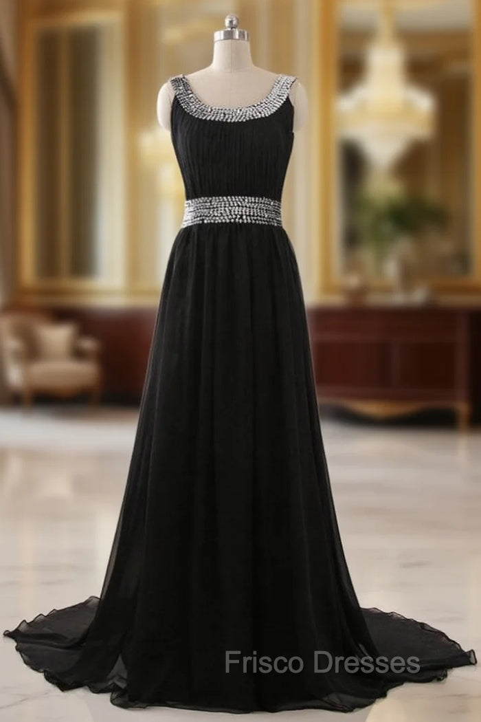 A Line Chiffon Scoop Neck Black Evening Dress Pleat Sequined Waist