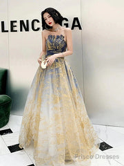 A-Line Color Block Sparkle Engagement Prom Dress Strapless Sleeveless Floor Length Sequined With Sequin