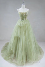 A Line Corset Back Sage Green Tulle Long Dress