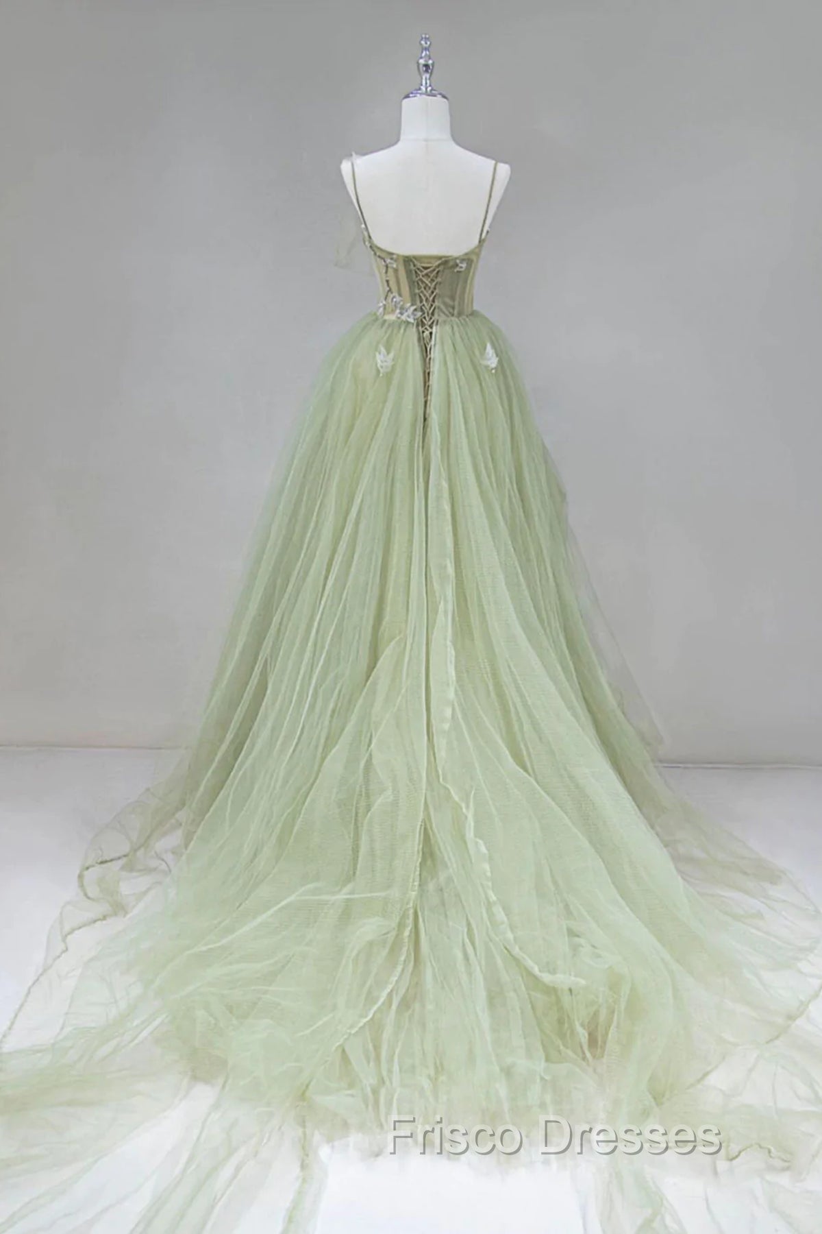 A Line Corset Back Sage Green Tulle Long Dress