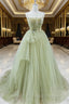 A Line Corset Back Sage Green Tulle Long Dress