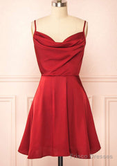 A-Line Cowl Neck Sleeveless Short/Mini Charmeuse Red Homecoming Dress With Pleated
