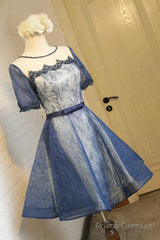A-Line Crew Knee-Length Short Sleeves Navy Blue Homecoming Dress