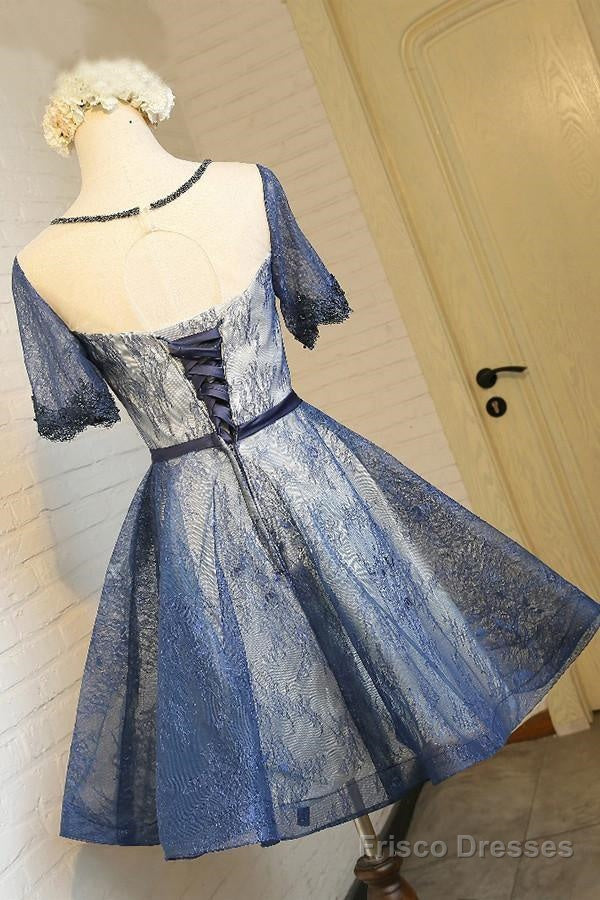 A-Line Crew Knee-Length Short Sleeves Navy Blue Homecoming Dress
