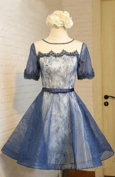 A-Line Crew Knee-Length Short Sleeves Navy Blue Homecoming Dress