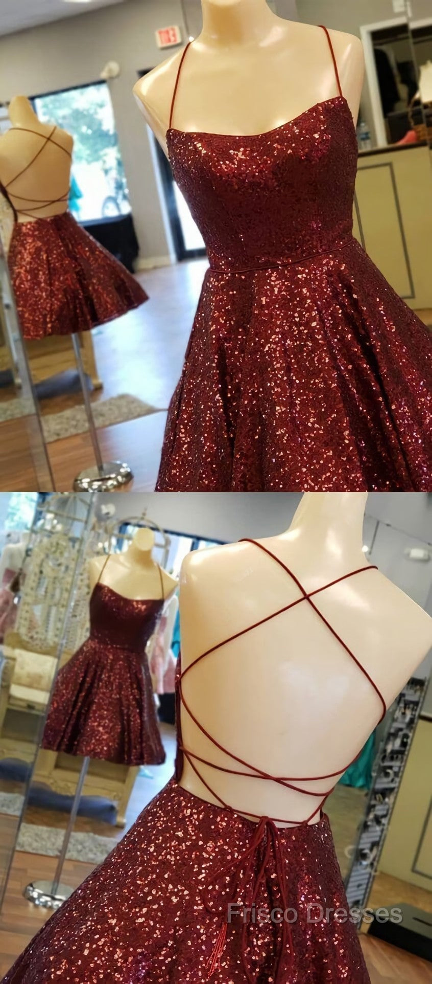 A Line Criss Cross Straps Back Burgundy Sequins Homecoming Dress Secondary image