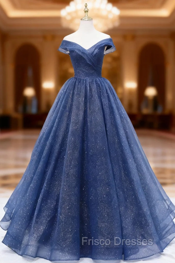 A-Line Dark Blue Tulle Long Formal Prom Dress, Blue Formal Evening Dress Main image