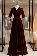 A-Line Dark Burgundy Short Sleeve V-neck Formal Prom Dress