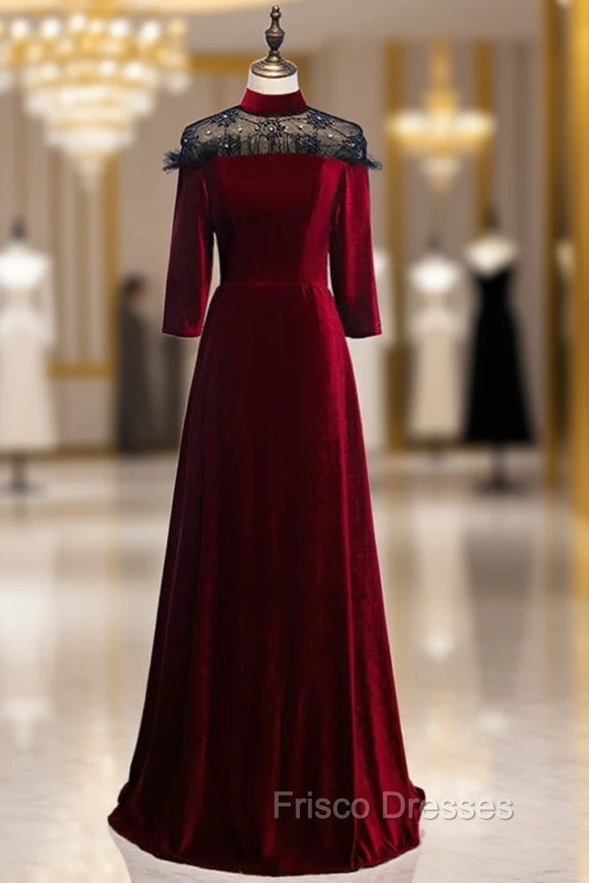A-Line Dark Burgundy Velvet High Neck Short Sleeve Formal Prom Dress Main image
