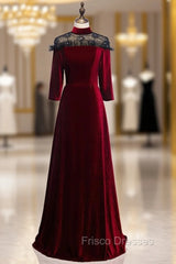 A-Line Dark Burgundy Velvet High Neck Short Sleeve Formal Prom Dress