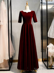 A-Line Dark Burgundy Velvet Short Sleeve Prom Dress