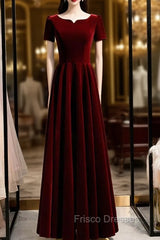 A-Line Dark Burgundy Velvet Short Sleeve Formal Prom Dress