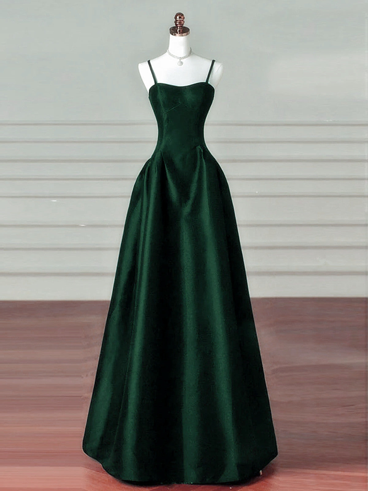 A-Line Dark Green Satin Straps Long Party Dress, Green Satin Prom Dress