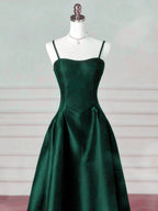 A-Line Dark Green Satin Straps Long Party Dress, Green Satin Prom Dress