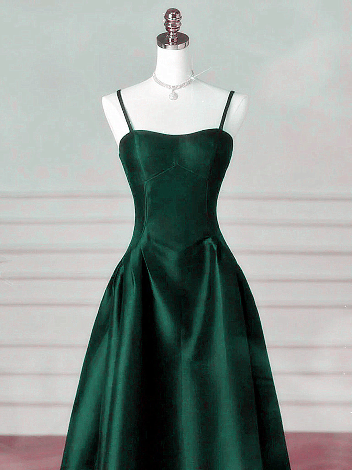 A-Line Dark Green Satin Straps Long Party Dress, Green Satin Prom Dress