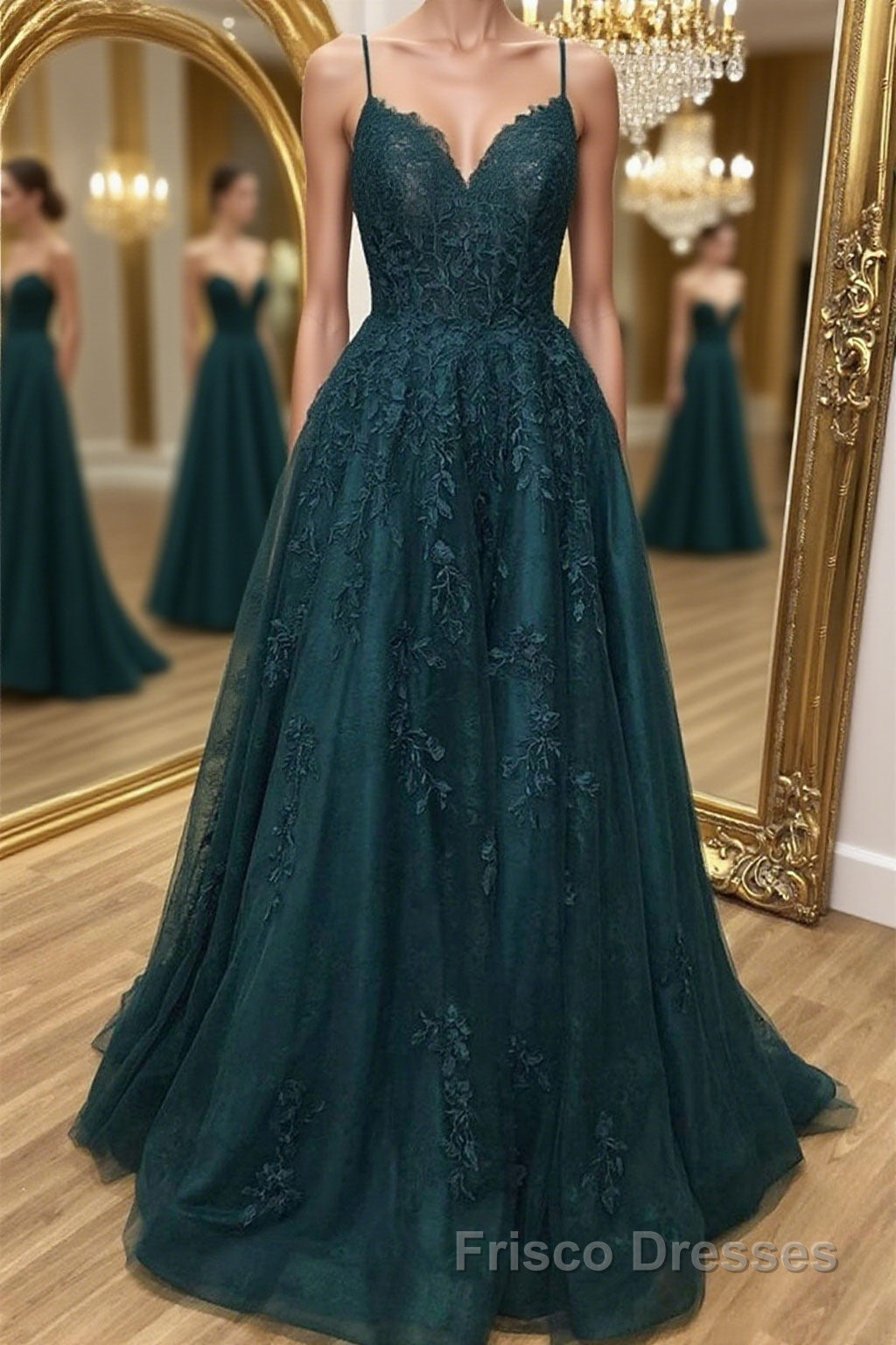 A Line Dark Green Tulle Lace Long Formal Prom Dresses, Dark Green Lace Formal Graduation Evening Dresses