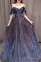 A-line Dark Purple Tulle Long Prom Dress, Purple Formal Party Dresses