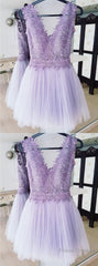 A-Line Deep V-Neck Backless Lilac Short Homecoming Dress With Lace