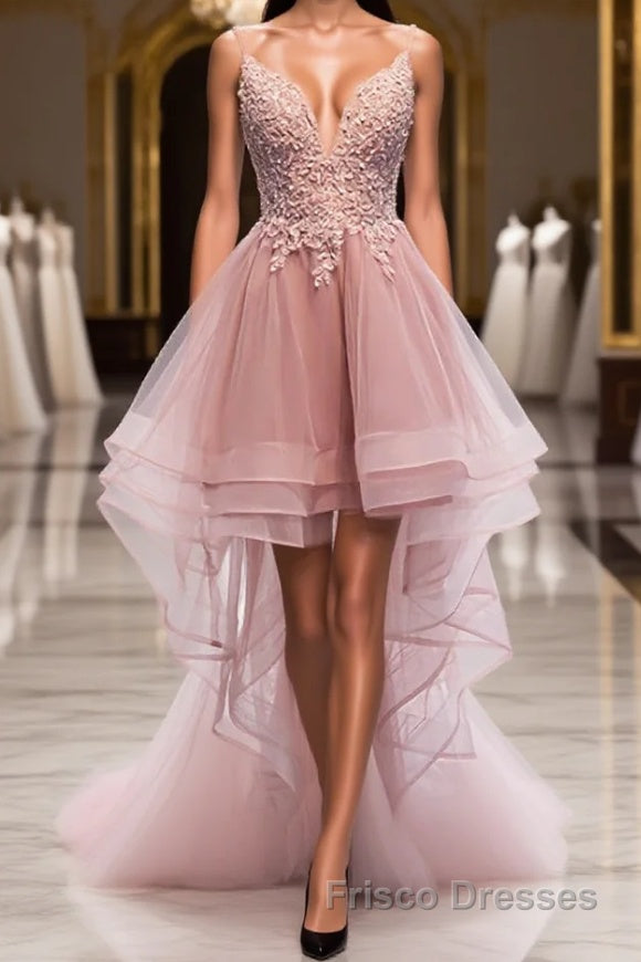 A-line Deep V Neck Beaded Appliques Multi-Layers Hi-Low Formal Dresses Main image