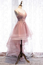 A-line Deep V Neck Beaded Appliques Multi-Layers Hi-Low Formal Dresses