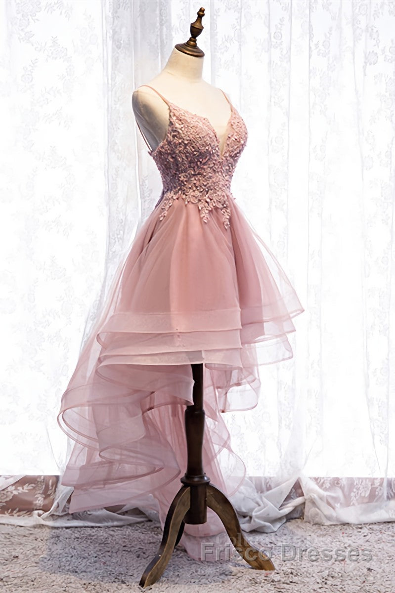 A-line Deep V Neck Beaded Appliques Multi-Layers Hi-Low Formal Dresses