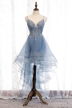 A-line Deep V Neck Beaded Appliques Multi-Layers Hi-Low Formal Dresses