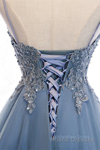 A-line Deep V Neck Beaded Appliques Multi-Layers Hi-Low Formal Dresses