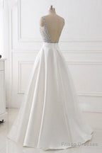 A-Line Deep V-Neck Sleeveless Open Back Sweep Train Formal Dress/ Wedding Dress With Sequins