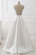 A-Line Deep V-Neck Sleeveless Open Back Sweep Train Formal Dress/ Wedding Dress With Sequins