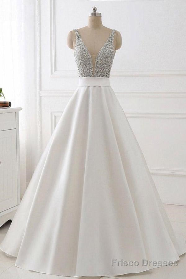 A-Line Deep V-Neck Sleeveless Open Back Sweep Train Formal Dress/ Wedding Dress With Sequins