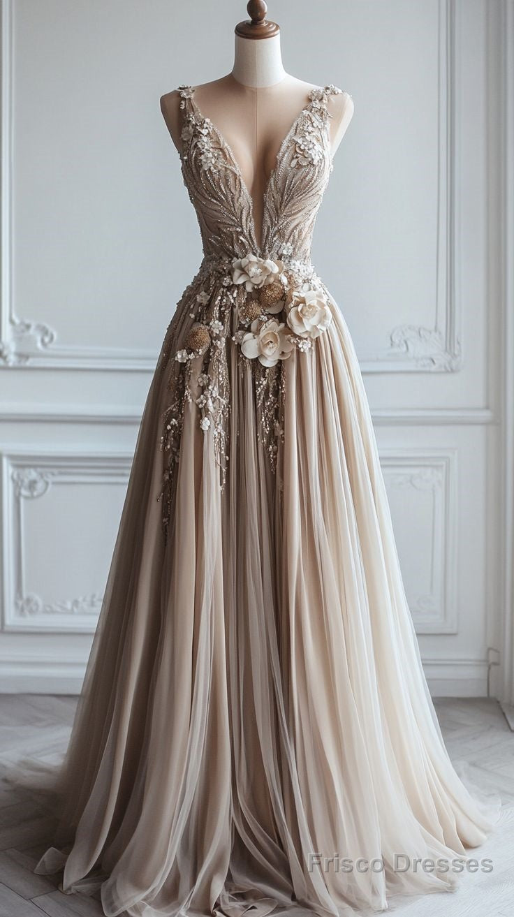 A-Line Deep V Neck Tulle Applique Long Ball Gown Bridesmaid Dress Main image